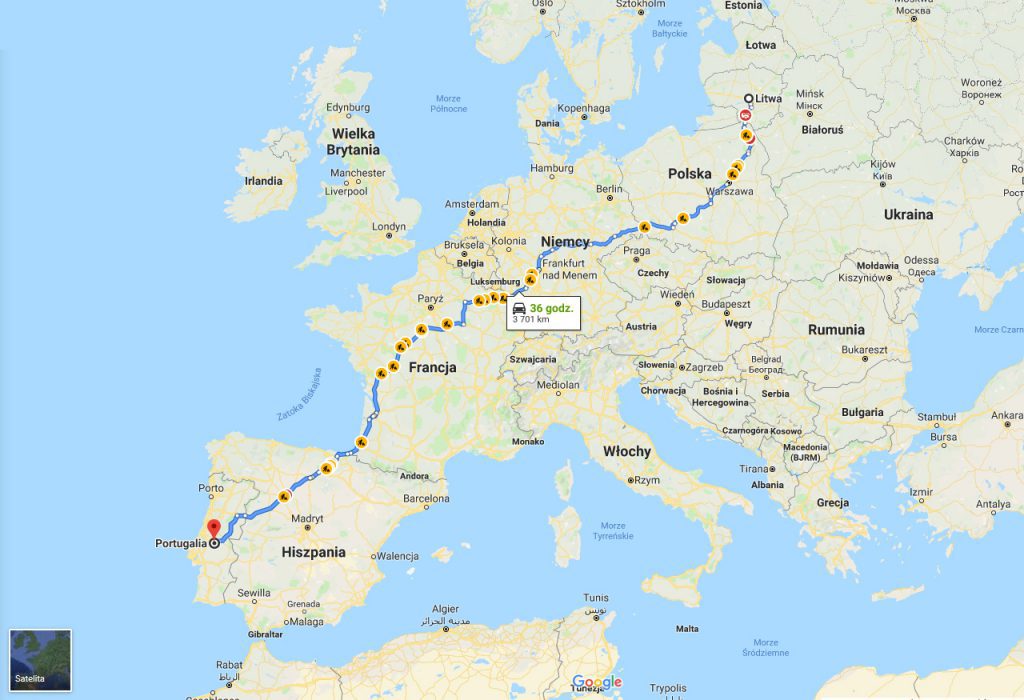Map of a route we used for transporting jet engine from Portugal to Lithuania