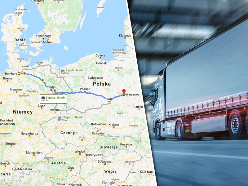 Road Transport From Hamburg To Poland Map Showing Route And A Truck Going Through a Tunnel